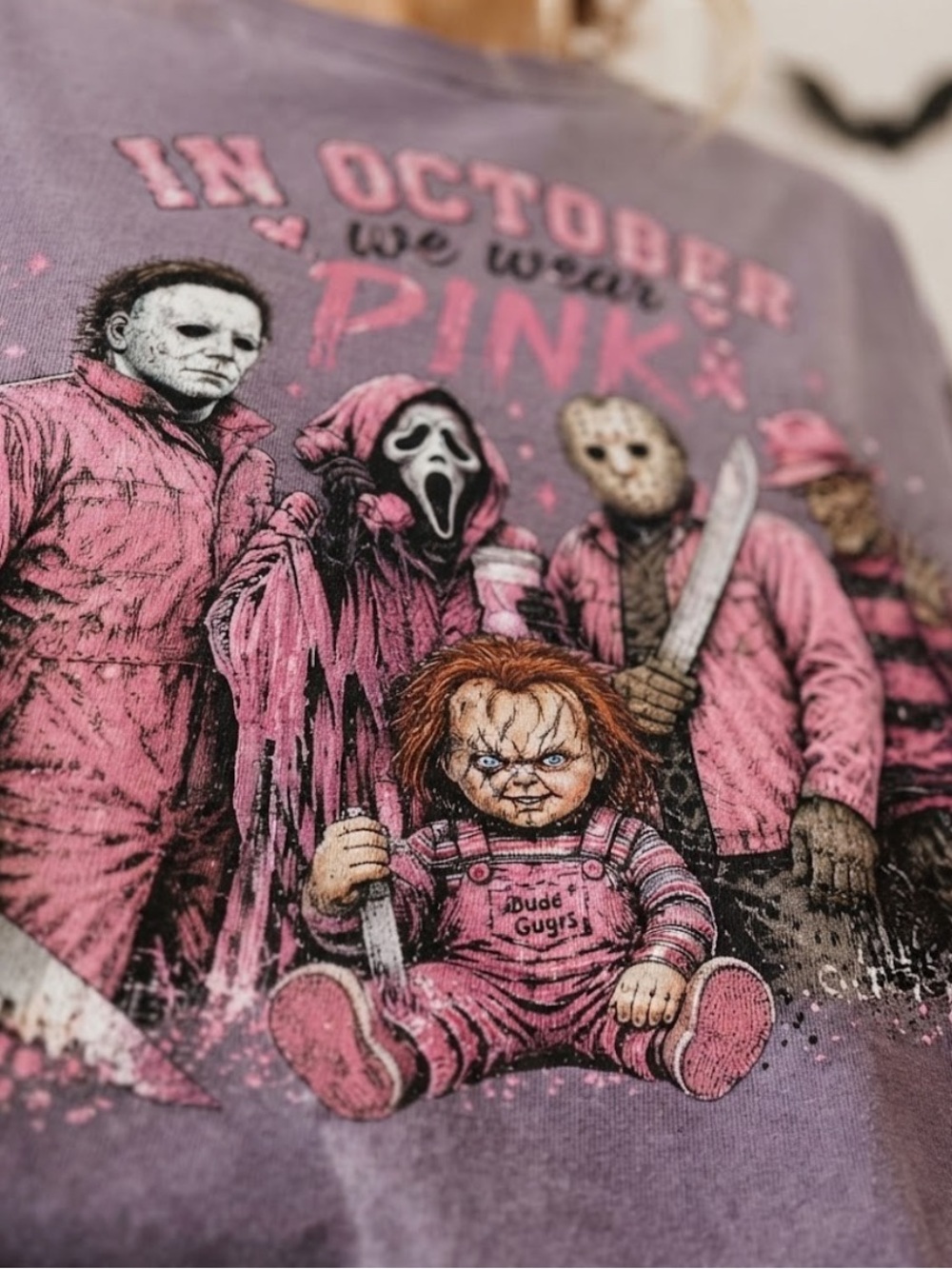 Comfort Colors Purple Horror and Chucky Graphic Tee, Retro In October Pink Shirt - Picture 2 of 7